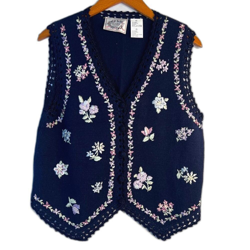 Erika Petites Navy Crochet‎ Knit Sleeveless Sweater Vest Embroidered Floral PL